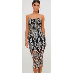 premium emerald green sequin embroidered bandeau midi dress